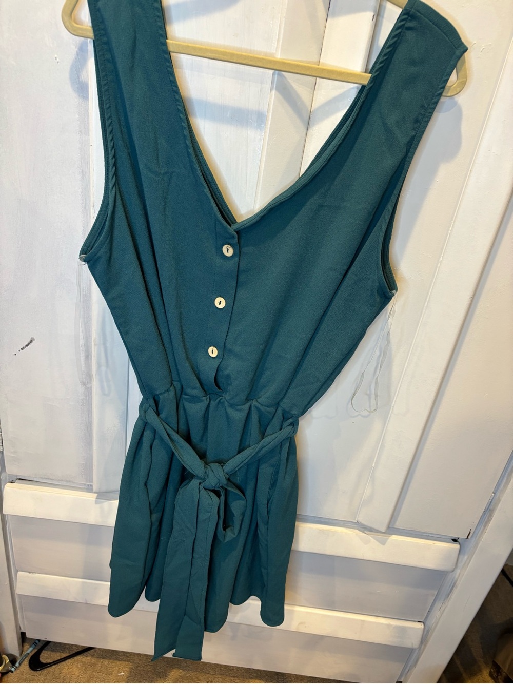 Teal V-Neck Sleeveless Romper with Tie Waist